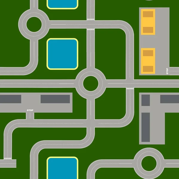 Hoja de ruta compuesta por elementos estándar. Carreteras, intersecciones, rotondas . — Vector de stock