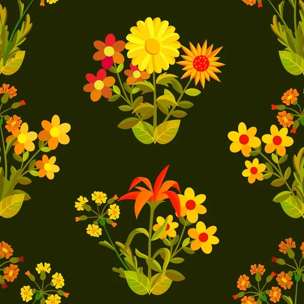 Floral seamless texture. Flowers and leaves on a dark background. — Stock Vector