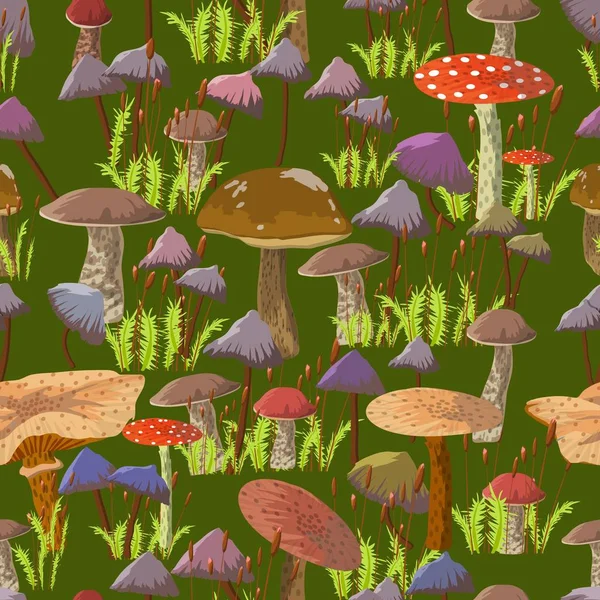 Lumineuse forêt de contes de fées, vieille souche envahie de champignons et de mousse . — Image vectorielle