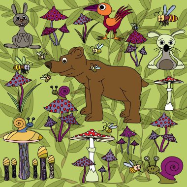 Mantar ve mantar ile yaz orman. Ayı, yabani tavşan ve arılar.