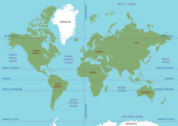 Vektorkarte der Welt. Ozeane und Kontinente auf einer flachen Projektion. — Stockvektor