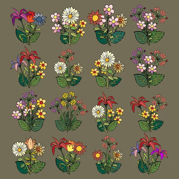 Bloemen boeketten. Multi-gekleurde zomerbloemen. De natuur is bloeiende en vreugdevolle. — Stockvector