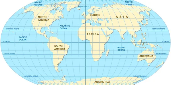 Mappa vettoriale del mondo. Oceani e continenti in proiezione piatta. — Vettoriale Stock