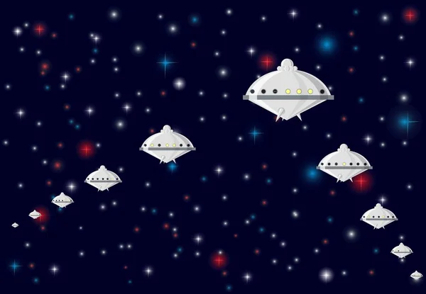 Космический фон. Космическая эскадрилья летающих тарелок. Векторная иллюстрация — стоковый вектор