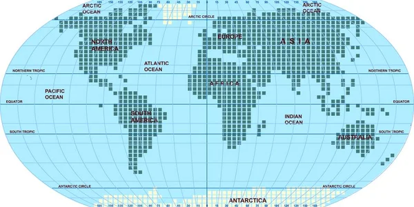 Vectorkaart van de wereld. Oceanen en continenten op een vlakke projectie. — Stockvector