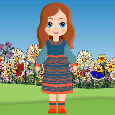 Kız bebek bir çiçek arka plan üzerinde güzel bir elbise duruyor.