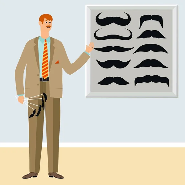 Un joven muestra diferentes tipos de bigote . — Vector de stock
