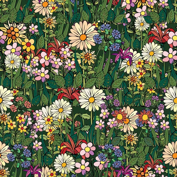 花の列の抽象パターン。花と草 — ストックベクタ