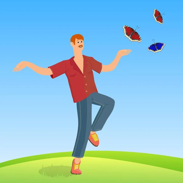 A man happily jumping on a summer meadow. — Stock Vector