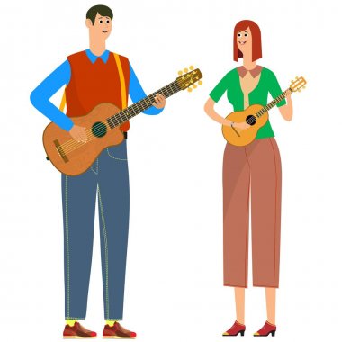 Gitar çalan bir adam, ukulele olan bir kadın..