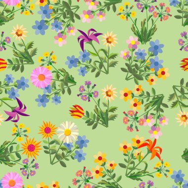 Yeşil arka planda çiçekler ve yapraklar.