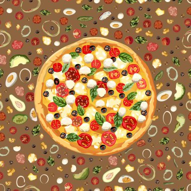 Lezzetli sağlıklı yemekler. Gerçek sıcak pizza. Vektör