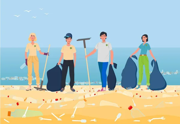 Jugendliche sammeln Plastikmüll am Meeresufer. Stockvektor