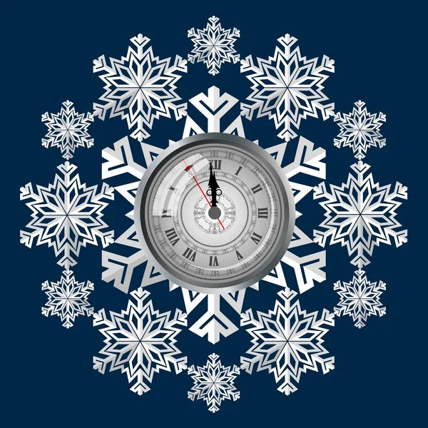 Orologio sullo sfondo di fiocchi di neve, simbolo del prossimo Natale . — Vettoriale Stock