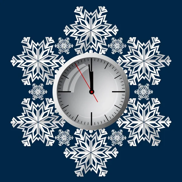 Zegar na tle płatków śniegu, symbol zbliżających się świąt Bożego Narodzenia. — Wektor stockowy