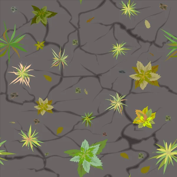 アスファルトを突破する植物の抽象的なパターン アスファルト上の亀裂の花や草 暖かい夏の晴れた日 ベクターイラストシームレス — ストックベクタ