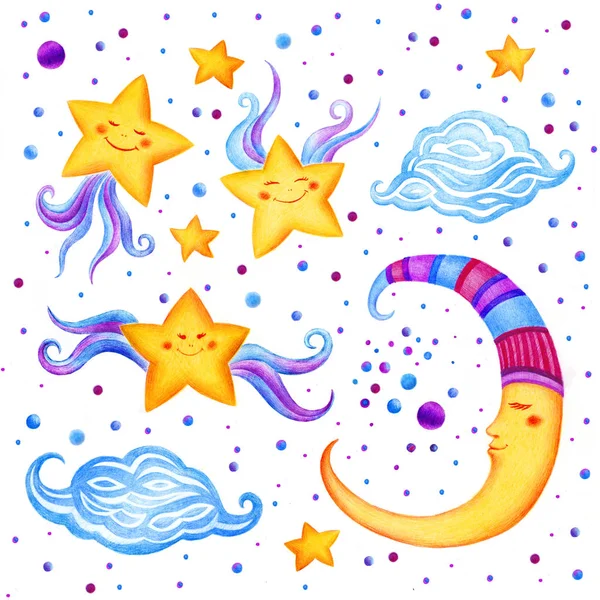 Estrellas Divertidas Luna Nubes — Foto de Stock