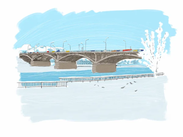 Krasnojarsk Głównego Mostu Enisey River — Zdjęcie stockowe