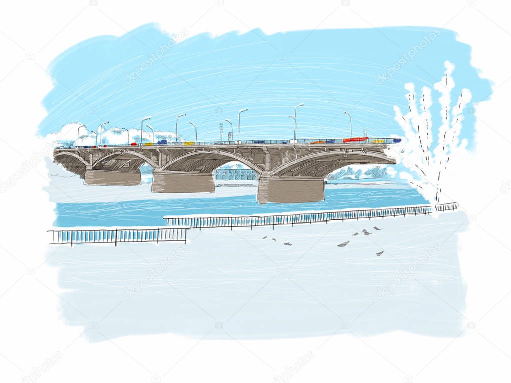Krasnoyarsk Central bridge. Enisey river