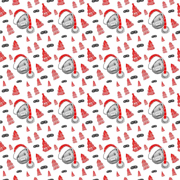赤のクリスマス ツリーとサンタ クロースの帽子の子豚 — ストック写真