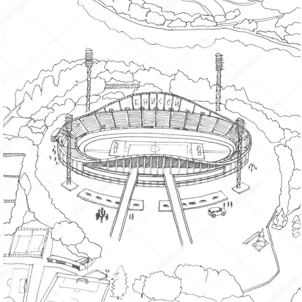  Stadium Yenisei in Krasnoyarsk black and white drawing