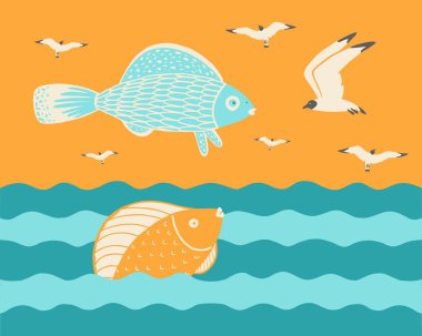 Deniz. Deniz tema balık ve deniz martı denizin içinde. Deniz martı Denizi ile balık