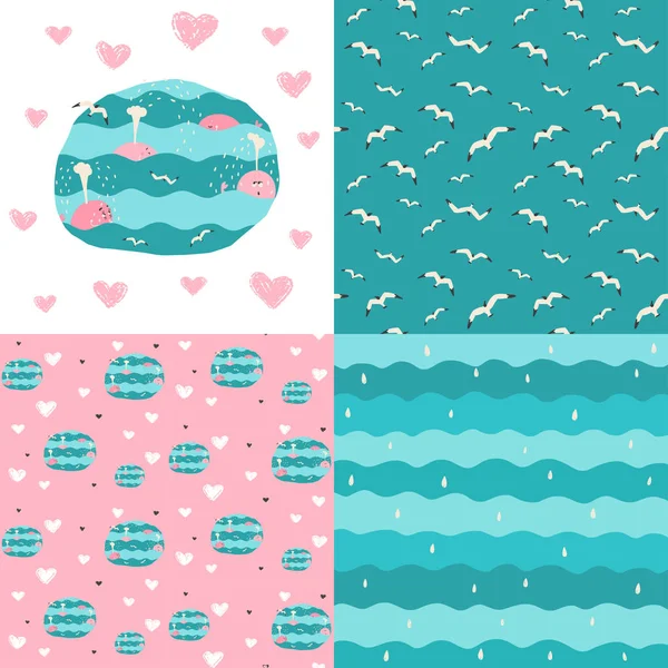 Cute romantic background with hearts. Sea theme with whales and seagulls. Marine elements in turquoise and pink. Seamless romantic background. Cute background with love