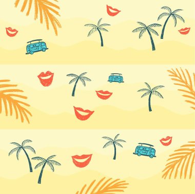 Palm trees and bus on the sand. Background for adventure. Palm branches on the sand. Marine background vector