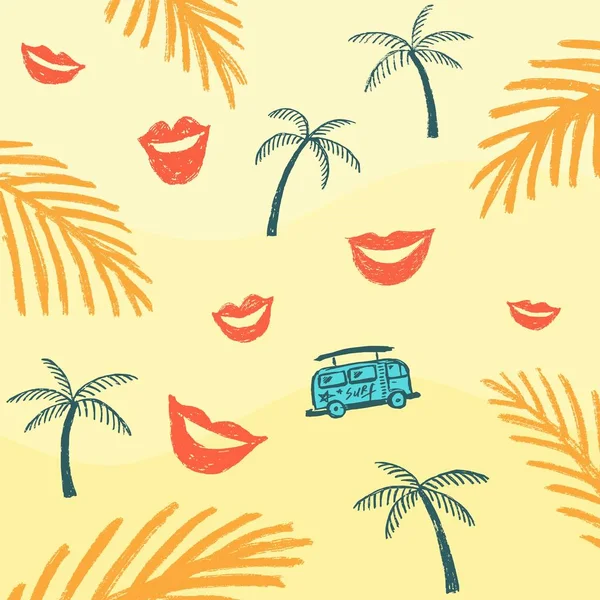 Zomer Achtergrond Palmbomen Het Zand Blauwe Surf Bus Rode Lippen — Stockvector