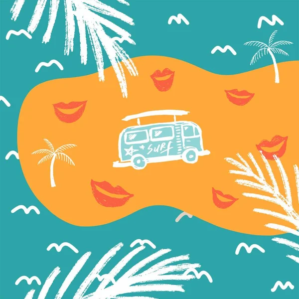 Fundo Verão Com Ramos Brancos Ônibus Praia Com Lábios — Vetor de Stock