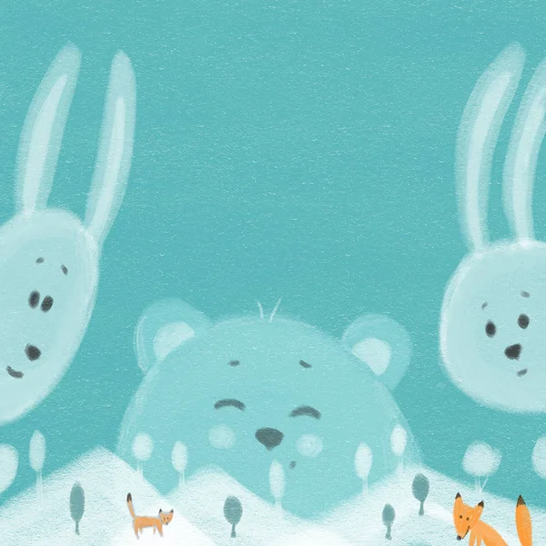 Bear and rabbits on the mountains on a blue background