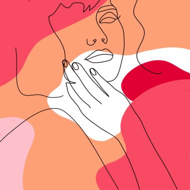 Modern sanat. Kısa saçlı güzel bir kızın yüzü. Parlak bir arka plan. Çizgi ve leke tasarımı. Moda duvarı. Çizgi portresi. İnsanların resimlerini. Modern portre. Çizgi Sanatı