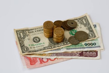 Beyaz bir arka plan üzerinde banknot ve madeni paralar çeşitli ülkelerden vardır