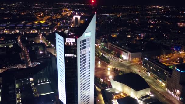 Повітряні Нічний Погляд Історичний Центр Лейпцига Зроблені Drone — стокове відео