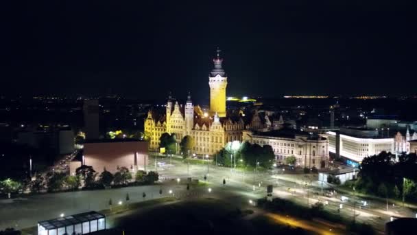 Aerial Night View Historical Center Leipzig Made Drone — Stock Video