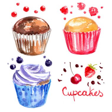 Beyaz zemin üzerine suluboya ile boyalı kek