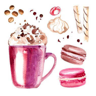 Kakao kupa beyaz zemin üzerine suluboya ile boyalı