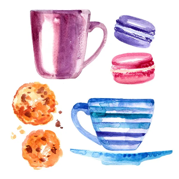 Cup of coffee, cup of tea painted with watercolors on white back — Stock Photo, Image