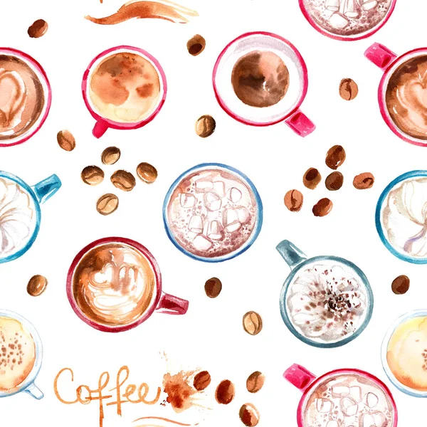 Patrón taza de café pintado con acuarelas sobre fondo blanco —  Fotos de Stock