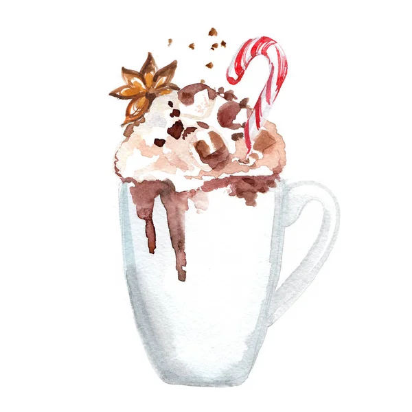 Cocoa mug painted with watercolors on white background — Stock Photo, Image