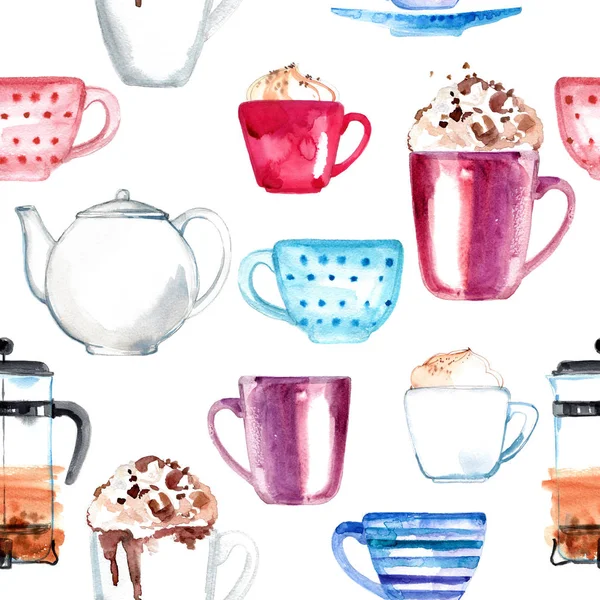 Pattern coffee painted with watercolors on white background