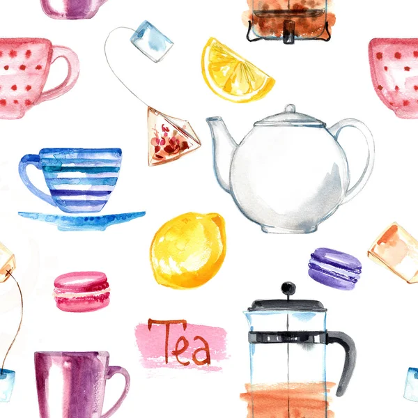 Візерунок Чай, пофарбований акварелями на білому тлі — стокове фото