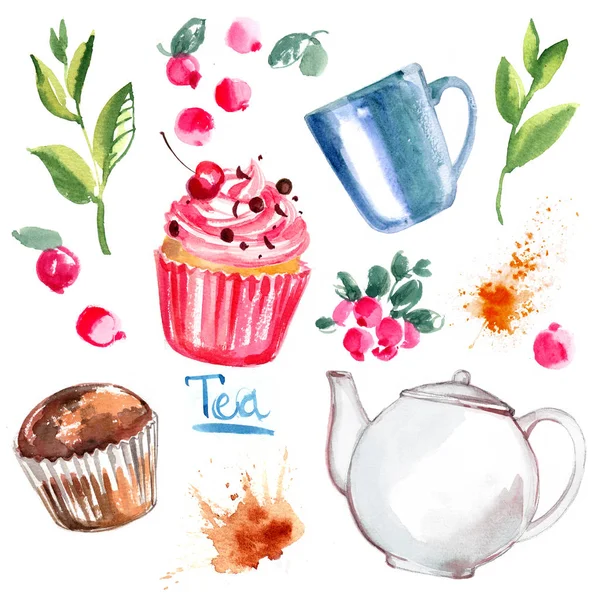 Tea painted with watercolors on white background — Stock Photo, Image