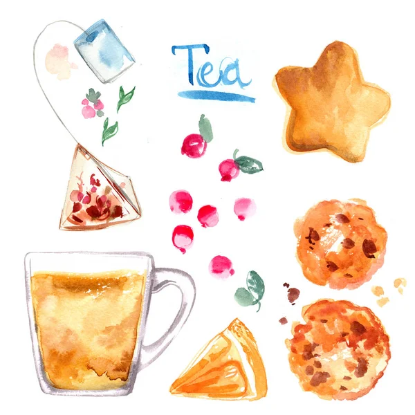 Tea painted with watercolors on white background — Stock Photo, Image