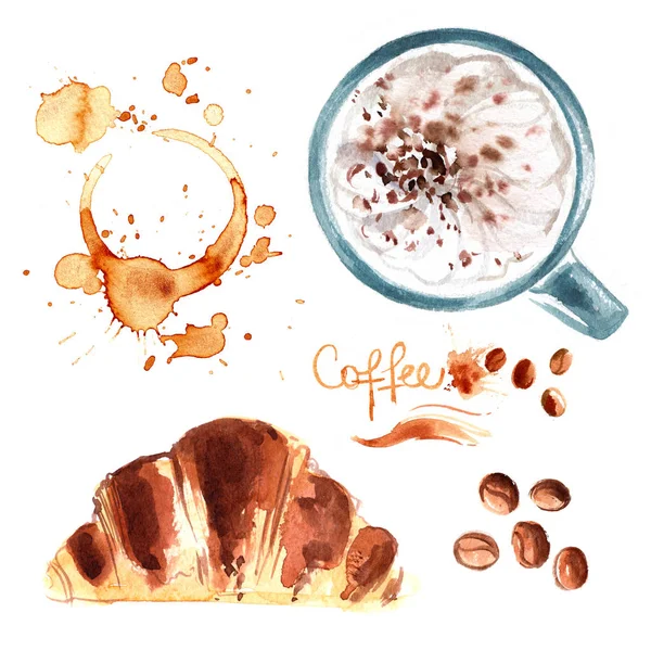 Šálek kávy s akvarely na bílém pozadí — Stock fotografie