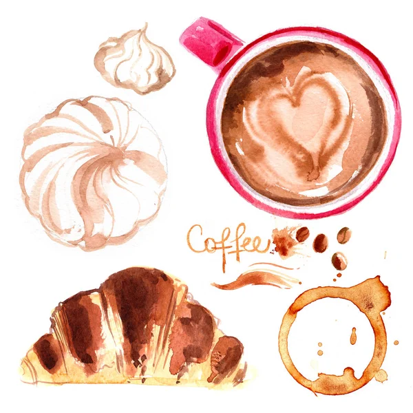 Xícara de café pintado com aquarelas no fundo branco — Fotografia de Stock