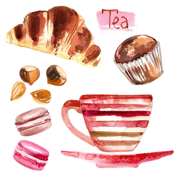白い背景に水彩で描かれた紅茶のカップ — ストック写真