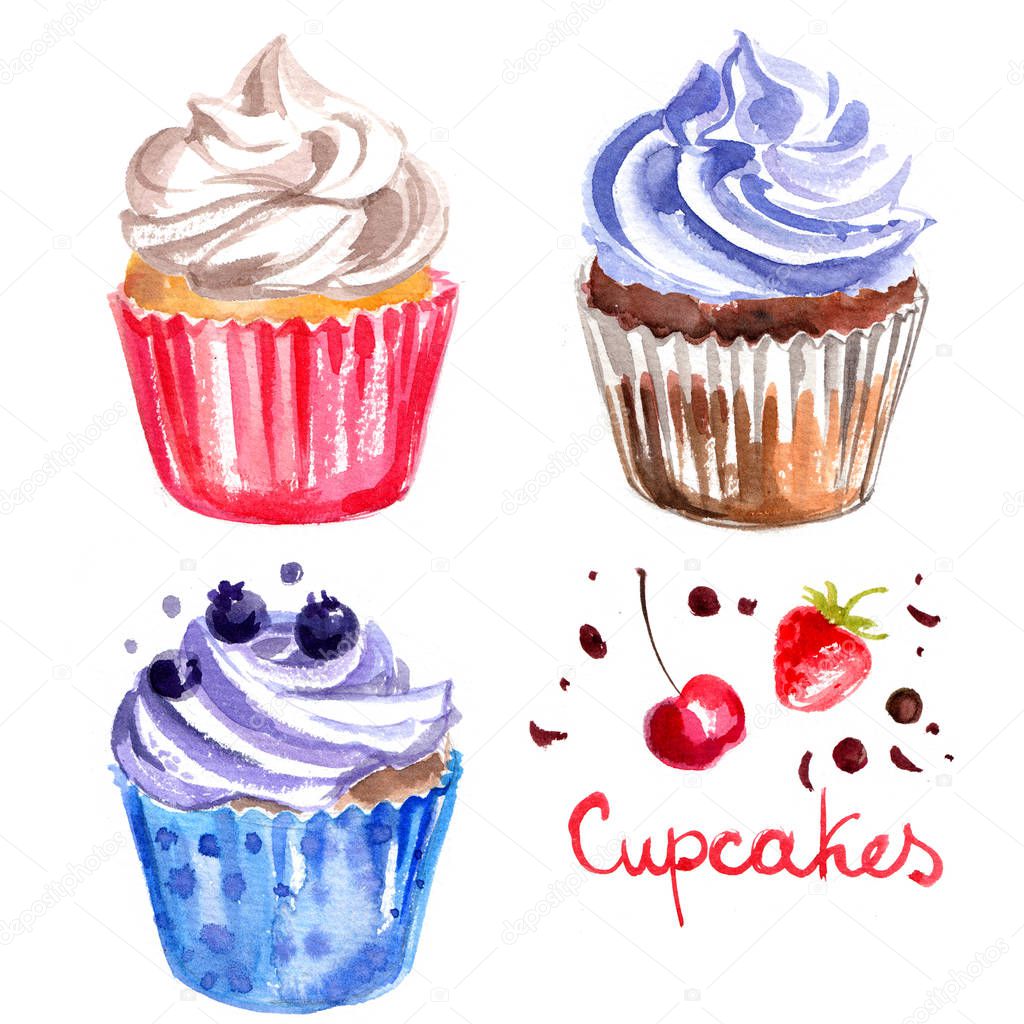 Cupcakes painted with watercolors on white background