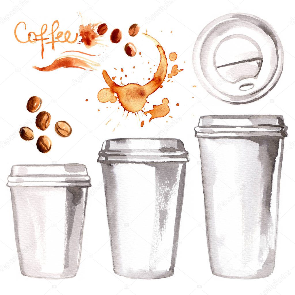 Coffee to go a paper cup painted with watercolors on white backg