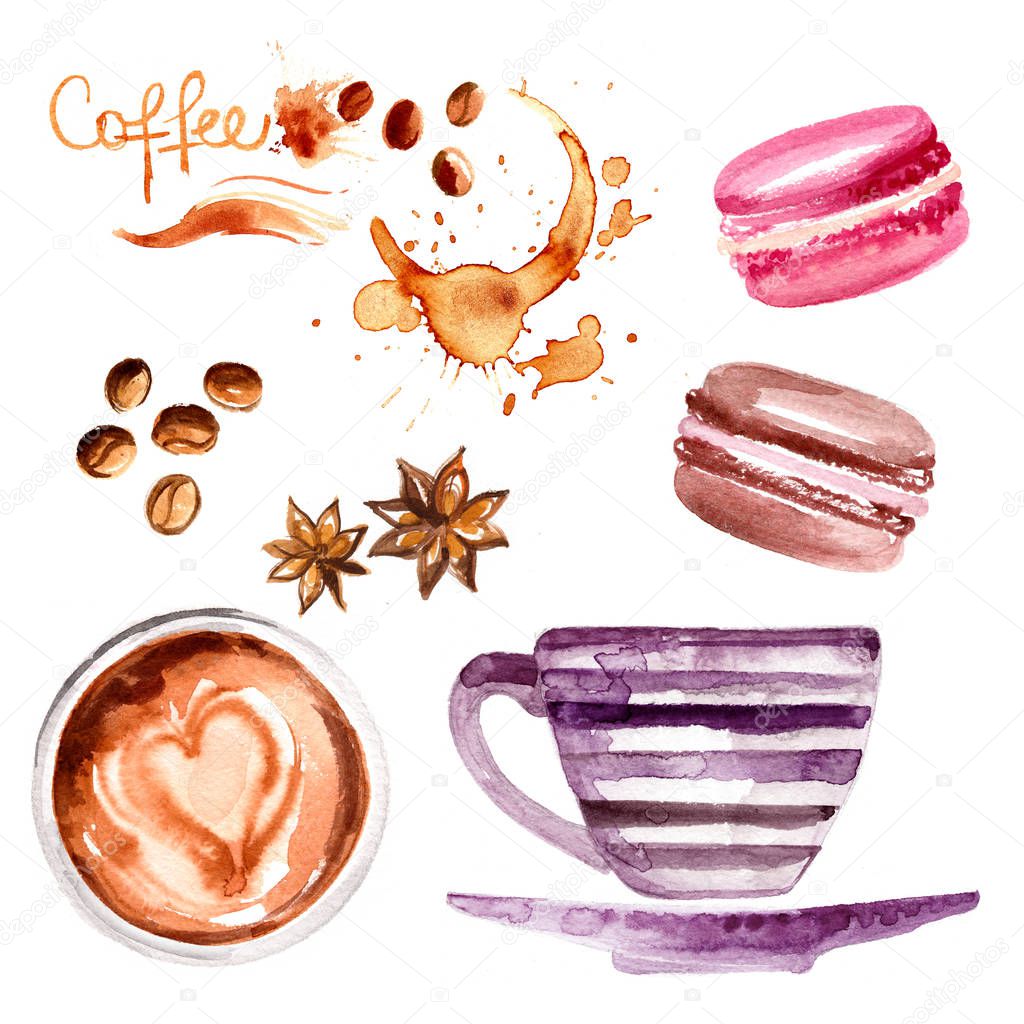 Coffee cup painted with watercolors on white background